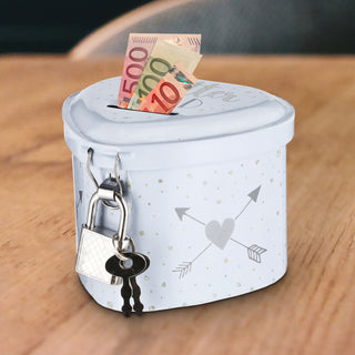 Spardose "Flittergeld" Hochzeit 8x6x7,5cm Herzform weiß Metall abschließbar Sparbüchse Büchse Gelddose