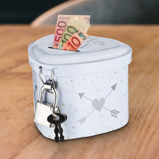 Spardose "Flittergeld" Hochzeit 8x6x7,5cm Herzform weiß Metall abschließbar Sparbüchse Büchse Gelddose