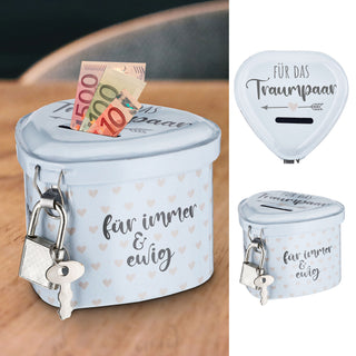 Spardose "Flittergeld" Hochzeit 8x6x7,5cm Herzform weiß Metall abschließbar Sparbüchse Büchse Gelddose
