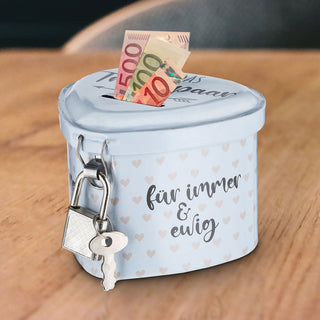 Spardose "Flittergeld" Hochzeit 8x6x7,5cm Herzform weiß Metall abschließbar Sparbüchse Büchse Gelddose