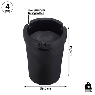 Reiseaschenbecher 4er Set schwarz 8x11x8cm Kunststoff Deckel abnehmbar Tischaschenbecher Ascher