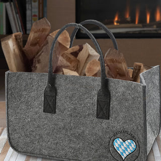 Kaminholztasche Heimatliebe hell-/dunkelgrau 48x28x25cm Filz Stickerrei Henkeltasche Tasche Aufbewahrung