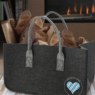 Kaminholztasche Heimatliebe hell-/dunkelgrau 48x28x25cm Filz Stickerrei Henkeltasche Tasche Aufbewahrung