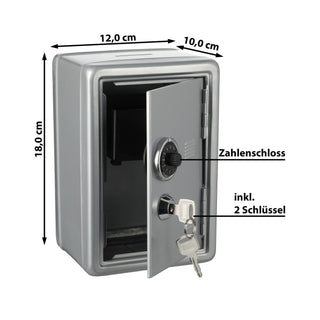 Spardose Tresor mit Schlüssel silber/schwarz 12x18x10cm Metall Schlüssel Zahlenschloss Spartresor Sparbüchse Geldgeschenk