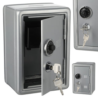 Spardose Tresor mit Schlüssel silber/schwarz 12x18x10cm Metall Schlüssel Zahlenschloss Spartresor Sparbüchse Geldgeschenk