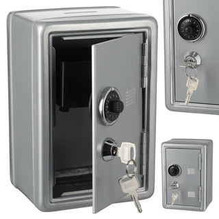 Spardose Tresor mit Schlüssel silber/schwarz 12x18x10cm Metall Schlüssel Zahlenschloss Spartresor Sparbüchse Geldgeschenk