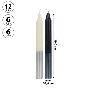 Stabkerze 12er Set 6x weiß mit silber 6x Anthrazit mit silber 2x19cm Paraffin Dekokerze Farbverlauf Kerze