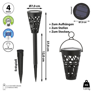 Solar Gartenstecker 3in1 4er Set H37cm schwarz Kunststoff Gartenstecker Wegeleuchte Beleuchtung Gartenbeleuchtung