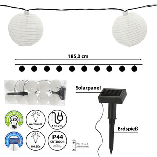 LED Solar Lampion Girlande mit 10 Lampions Ø7cm 185cm weiß 10 LEDs warmweiß Polyester Kunststoff Lichterkette Kugeln Ballons