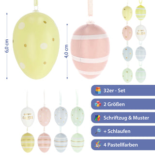 Ostereier mit Aufhänger 32er Set 4x6cm bunt Kunststoff Eier Dekoeier Kunststoffeier Ostern Osterdekoration Frühlingsdeko