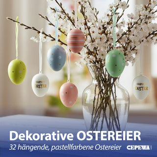 Ostereier mit Aufhänger 32er Set 4x6cm bunt Kunststoff Eier Dekoeier Kunststoffeier Ostern Osterdekoration Frühlingsdeko