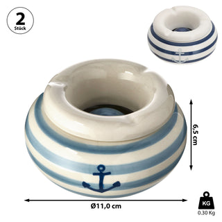 Sturmaschenbecher 2er Set Maritim Ø 11,0cm Dolomit blau weiß Aschenbecher Windaschenbecher