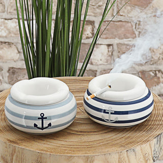 Sturmaschenbecher 2er Set Maritim Ø 11,0cm Dolomit blau weiß Aschenbecher Windaschenbecher