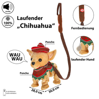 Laufender Chihuahua mit Leine und Sound 28x30x19cm Polyester batteriebetrieben Stofftier Hund Kuscheltier