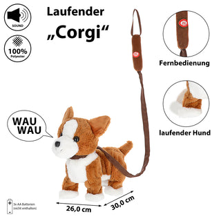 Laufender Corgi mit Leine und Sound 30x26x19cm Polyester batteriebetrieben Stofftier Hund Kuscheltier
