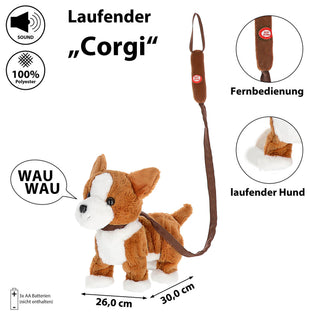 Laufender Corgi mit Leine und Sound 30x26x19cm Polyester batteriebetrieben Stofftier Hund Kuscheltier