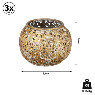 Mandala Windlicht Kugelform 3er Set 9x7cm mit Glaseinsatz Gartendeko Wohndeko Kerzenhalter Teelichtgefäß