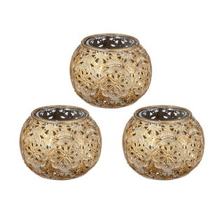 Mandala Windlicht Kugelform 3er Set 9x7cm mit Glaseinsatz Gartendeko Wohndeko Kerzenhalter Teelichtgefäß