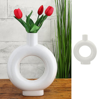 Vase Ringform 24x30x6cm weiß Keramik Donutform Blumen Gräser Pflanzen Dekovase Blumenvase