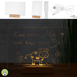 LED Message Board Beleuchtung warmweiß 30x20 cm Acryl Buche Holzsockel USB Kabel Stift An-/Ausschalter Memoboard