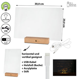 LED Message Board Beleuchtung warmweiß 30x20 cm Acryl Buche Holzsockel USB Kabel Stift An-/Ausschalter Memoboard