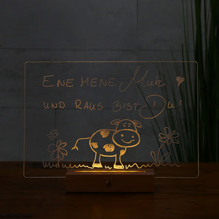 LED Message Board Beleuchtung warmweiß 30x20 cm Acryl Buche Holzsockel USB Kabel Stift An-/Ausschalter Memoboard