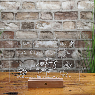 LED Message Board Beleuchtung warmweiß 30x20 cm Acryl Buche Holzsockel USB Kabel Stift An-/Ausschalter Memoboard