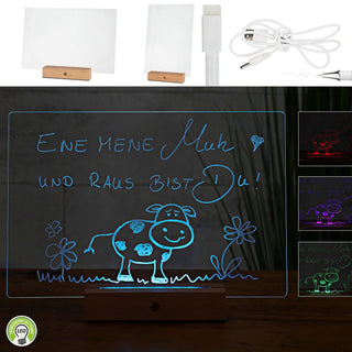 LED Message Board Beleuchtung bunt 30x20 cm Acryl Buche Holzsockel USB Kabel Stift An-/Ausschalter Farbwahl Memoboard