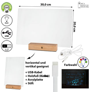 LED Message Board Beleuchtung bunt 30x20 cm Acryl Buche Holzsockel USB Kabel Stift An-/Ausschalter Farbwahl Memoboard