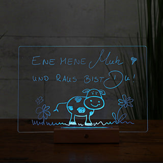 LED Message Board Beleuchtung bunt 30x20 cm Acryl Buche Holzsockel USB Kabel Stift An-/Ausschalter Farbwahl Memoboard