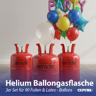 Helium Ballongas 3er Set für ca. 90 Ballons Luftballons Heliumflasche Folienballons Luftballons Party Hochzeit