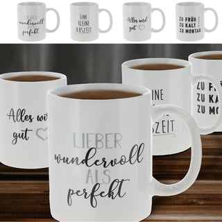 Kaffeebecher Sprüche 4er Set Steinzeug 300 ml Ø12,5cm weiß schwarz Tasse Becher Henkeltasse