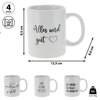 Kaffeebecher Sprüche 4er Set Steinzeug 300 ml Ø12,5cm weiß schwarz Tasse Becher Henkeltasse