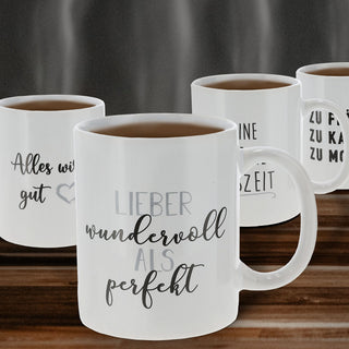 Kaffeebecher Sprüche 4er Set Steinzeug 300 ml Ø12,5cm weiß schwarz Tasse Becher Henkeltasse
