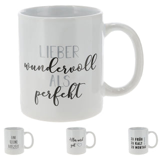 Kaffeebecher Sprüche 4er Set Steinzeug 300 ml Ø12,5cm weiß schwarz Tasse Becher Henkeltasse