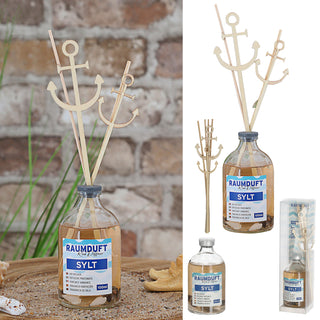Raumduft 'Sylt' 100ml 4 Rattanstäbe 2 Dekostäbe 5x21cm Glas Duftaroma Diffuser Duftspender Zimt Gewürznelken Lavendel