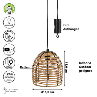 LED Rattan Lampe batteriebetrieben 16x18x16cm warmweiß Dekoleuchte Hängelampe Timerfunktion Outdoorgeeignet Zuleitung 80cm