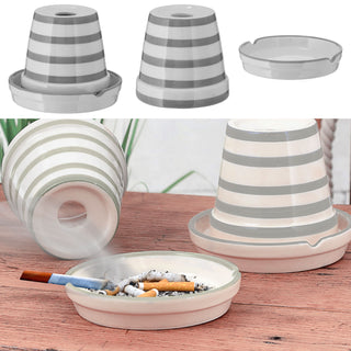 Sturmaschenbecher grau weiß gestreift Ø12cm Dolomit Aschenbecher Windaschenbecher Topf