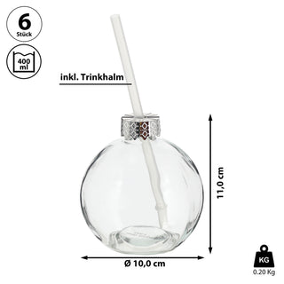 Trinkglas Christbaumkugel 6er Set Trinkhalm Ø 10cm Füllmenge 400ml Glas Kugelglas Weihnachtskugel
