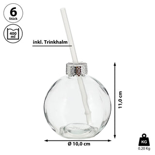 Trinkglas Christbaumkugel 6er Set Trinkhalm Ø 10cm Füllmenge 400ml Glas Kugelglas Weihnachtskugel