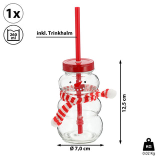 Trinkglas Schneemann 6er Set Trinkhalm Ø 7cm Füllmenge 260ml Glas Snowman Motivglas Weihnachten
