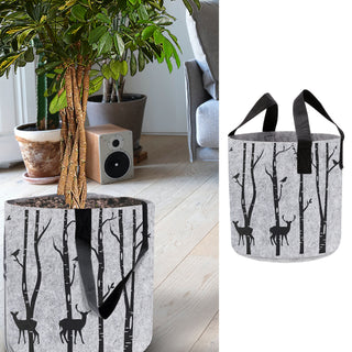 Filzkorb mit Henkel rund hellgrau 40x40cm bedruckt mit Waldmotiven Bäumen Hirsche Filzkorb Henkelkorb Korb