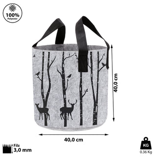 Filzkorb mit Henkel rund hellgrau 40x40cm bedruckt mit Waldmotiven Bäumen Hirsche Filzkorb Henkelkorb Korb