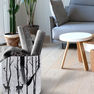 Filzkorb mit Henkel rund hellgrau 40x40cm bedruckt mit Waldmotiven Bäumen Hirsche Filzkorb Henkelkorb Korb