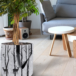 Filzkorb mit Henkel rund hellgrau 40x40cm bedruckt mit Waldmotiven Bäumen Hirsche Filzkorb Henkelkorb Korb