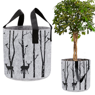 Filzkorb mit Henkel rund hellgrau 40x40cm bedruckt mit Waldmotiven Bäumen Hirsche Filzkorb Henkelkorb Korb