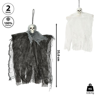 Halloween Sensenmann 2er Set zum Aufhängen H35cm Kunststoff Halloween-Party Totenkopf Deko-Aufhänger