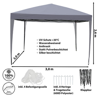 Pavillon Partyzelt 3x3m anthrazit Stahl Polyester 210D 4 Seile 8 Heringe Tragetasche UV-Schutz Zelt Gartenpavillon Gartenzelt