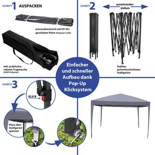 Pavillon Partyzelt 3x3m anthrazit Stahl Polyester 210D 4 Seile 8 Heringe Tragetasche UV-Schutz Zelt Gartenpavillon Gartenzelt