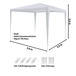 Pavillon Partyzelt 3x3m weiß Stahl PE Plane 90g/m² 4 Seile 8 Heringe  UV-Schutz Zelt Gartenpavillon Gartenzelt